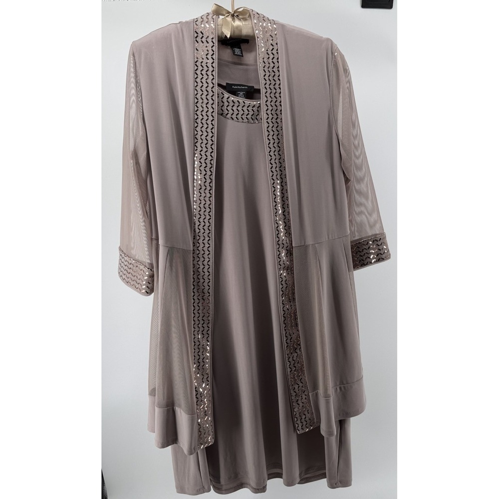 R&M Richards 2Pc Dress Jacket Set Taupe Sequin Elegant Formal Wedding MofB  14